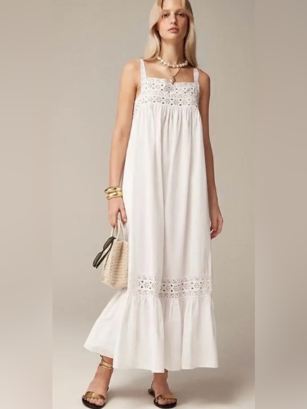 J. Crew Athena White Lace Trim Cotton Maxi Dress Size Small